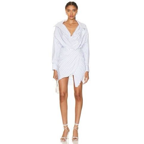 Nwt Alexander Wang Striped Long Sleeve Twisted Cowl Mini Dress White & Blue Sz 6